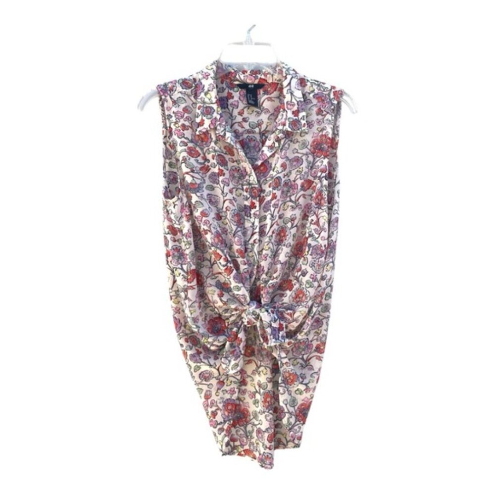 H&M Women’s Floral Print Semi Sheer Sleeveless Button-Down Top Size 10 - Picture 4 of 8